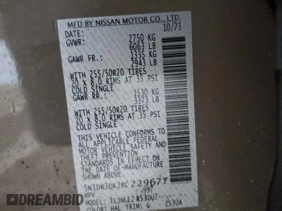 2024 Nissan Pathfinder Platinum with VIN 5N1DR3DK2RC229677, listed as a Copart auction lot 43374905 with 9,403 mi miles and Salvage title. Bid and sale history available at DreamBid. Image 15.