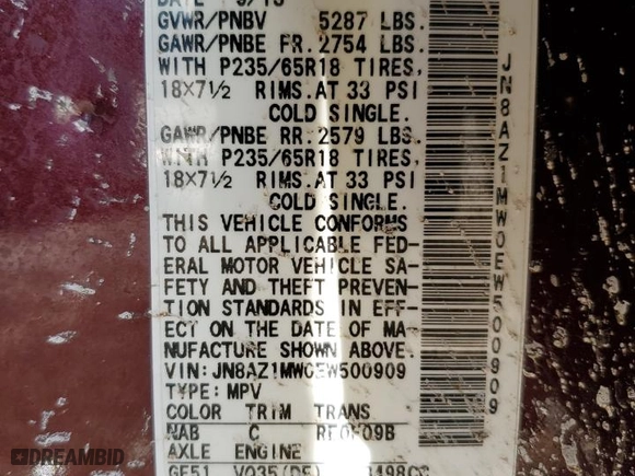 2014 Nissan Murano SL with VIN JN8AZ1MW0EW500909, listed as a Copart auction lot 41985875 with 121,027 mi miles and Salvage Title. Bid and sale history available at carsss.com. Image 14.