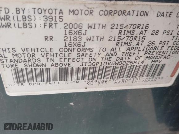 1998 Toyota RAV4 with VIN JT3GP10V5W0026814, listed as a IAAI auction lot 42003456 with 196,842 mi miles and . Bid and sale history available at DreamBid. Image 9.