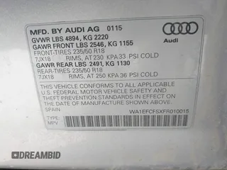 2015 Audi Q3 2.0T Premium Plus with VIN WA1EFCFSXFR010015, listed as a IAAI auction lot 42099410 with 142,117 mi miles. Bid and sale history available at carsss.com. Image 9.