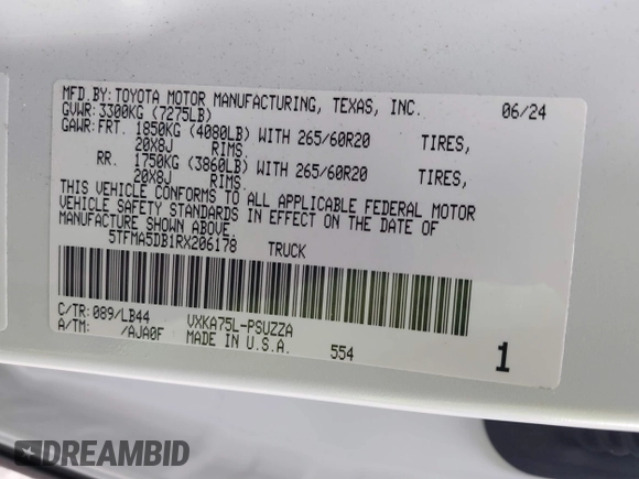 2024 Toyota Tundra 1794 Edition with VIN 5TFMA5DB1RX206178, listed as a IAAI auction lot 41687850 with 11,547 mi miles and . Bid and sale history available at DreamBid. Image 9.