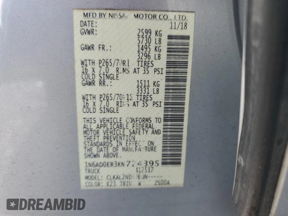 2019 Nissan Frontier SV with VIN 1N6AD0ER3KN724395, listed as a Copart auction lot 54251045 with 64,360 mi miles and Non repairable. Bid and sale history available at DreamBid. Image 13.