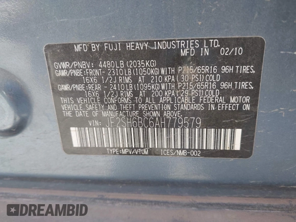 2010 Subaru Forester X с VIN JF2SH6BC6AH779579, выставлен на аукционе IAAI как лот 42285924 с пробегом 148 594 миль миль и . История ставок и продаж доступна на DreamBid. Изображение 9.
