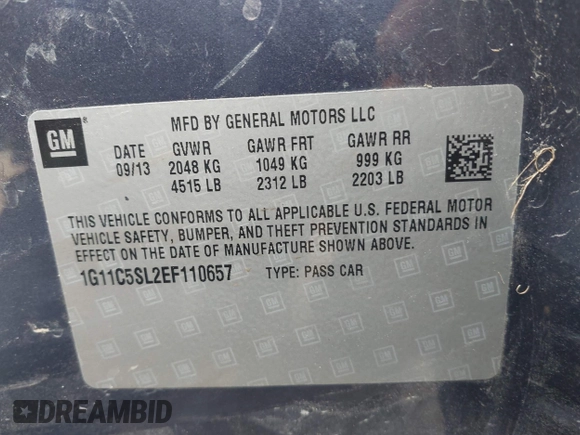 2014 Chevrolet Malibu LT with VIN 1G11C5SL2EF110657, listed as a IAAI auction lot 41948609 with 149,000 mi miles and . Bid and sale history available at DreamBid. Image 9.