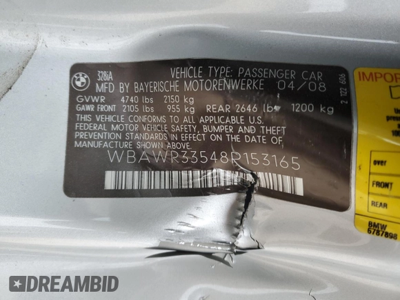 2008 BMW 3 Series 328i with VIN WBAWR33548P153165, listed as a Copart auction lot 44899565 with 58,874 mi miles and Salvage Title. Bid and sale history available at carsss.com. Image 15.