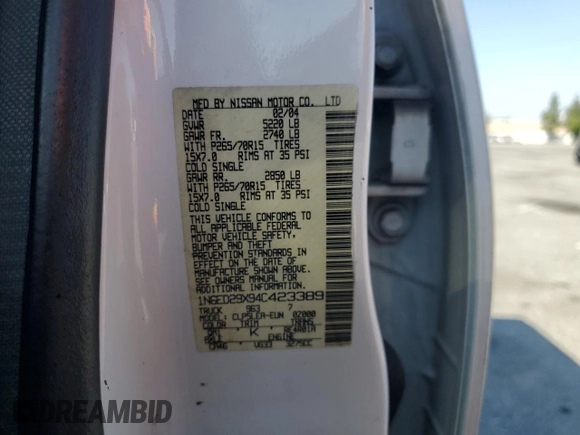 2004 Nissan Frontier XE with VIN 1N6ED29X94C423389, listed as a Copart auction lot 57357255 with 195,700 mi miles and Salvage title. Bid and sale history available at DreamBid. Image 12.