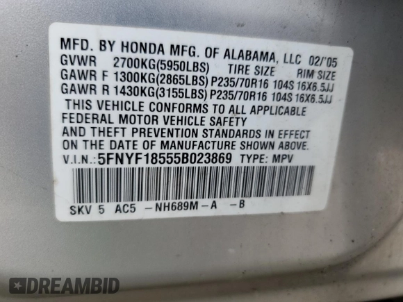 2005 Honda Pilot EX-L with VIN 5FNYF18555B023869, listed as a Copart auction lot 61738505 with 257,121 mi miles and Clean title. Bid and sale history available at DreamBid. Image 13.