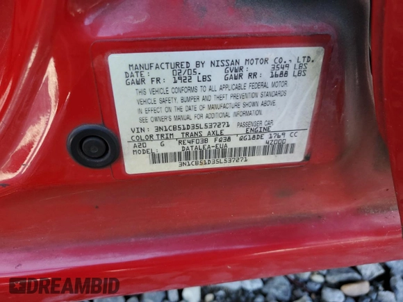 2005 Nissan Sentra S z VIN 3N1CB51D35L537271, wystawiony jako Copart lot #52879995 z przebiegiem 143 687 mil mil oraz Szkoda całkowita • Salvage title. Historia ofert i sprzedaży dostępna na DreamBid. Obrazek 14.