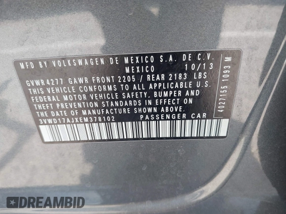 2014 Volkswagen Jetta SE z VIN 3VWD17AJXEM378102, wystawiony jako IAAI lot #42168899 z przebiegiem 117 021 mil mil oraz . Historia ofert i sprzedaży dostępna na DreamBid. Obrazek 9.