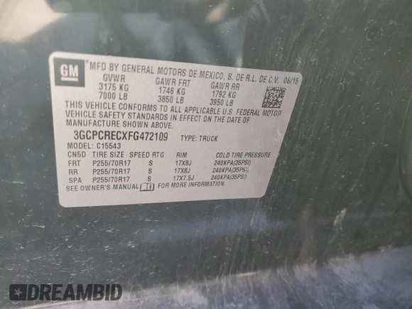 2015 Chevrolet Silverado 1500 LT with VIN 3GCPCRECXFG472109, listed as a Copart auction lot 48809145 with 155,486 mi miles and Salvage Title. Bid and sale history available at DreamBid. Image 12.