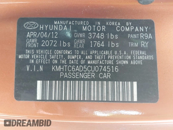 2012 Hyundai Veloster w/Gray Int z VIN KMHTC6AD5CU074516, wystawiony jako IAAI lot #42061623 z przebiegiem 133 338 mil mil oraz . Historia ofert i sprzedaży dostępna na DreamBid. Obrazek 9.