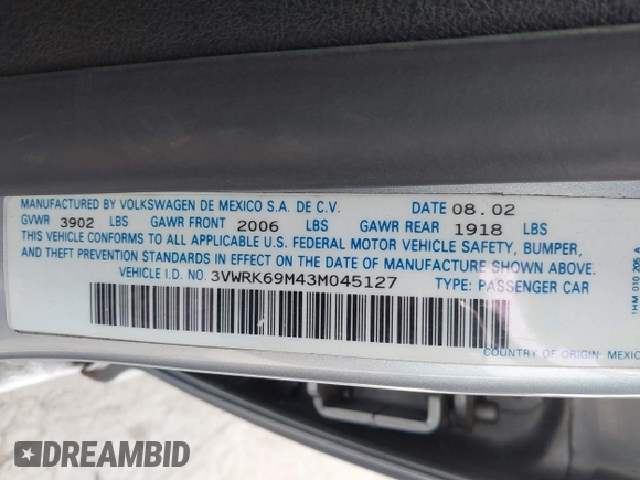 2003 Volkswagen Jetta GL with VIN 3VWRK69M43M045127, listed as a IAAI auction lot 41697962 with 119,065 mi miles and . Bid and sale history available at DreamBid. Image 9.