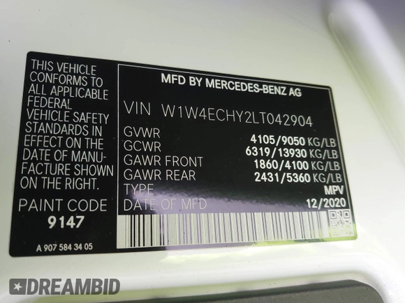 2020 Mercedes-Benz Sprinter Cargo with VIN W1W4ECHY2LT042904, listed as a IAAI auction lot 41567553 with 218,889 mi miles and . Bid and sale history available at carsss.com. Image 9.