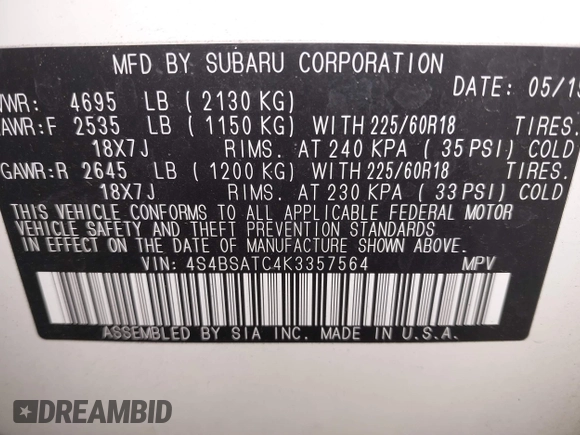 2019 Subaru Outback Touring with VIN 4S4BSATC4K3357564, listed as a IAAI auction lot 41277603 with 28,509 mi miles and . Bid and sale history available at DreamBid. Image 9.