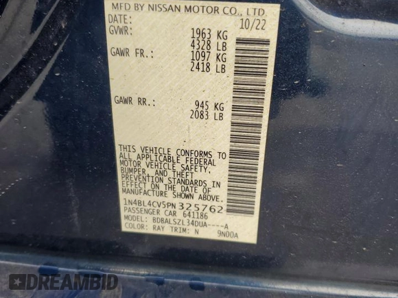 2023 Nissan Altima 2.5 SR with VIN 1N4BL4CV5PN325762, listed as a Copart auction lot 44182265 with 40,488 mi miles and Salvage Title. Bid and sale history available at carsss.com. Image 13.