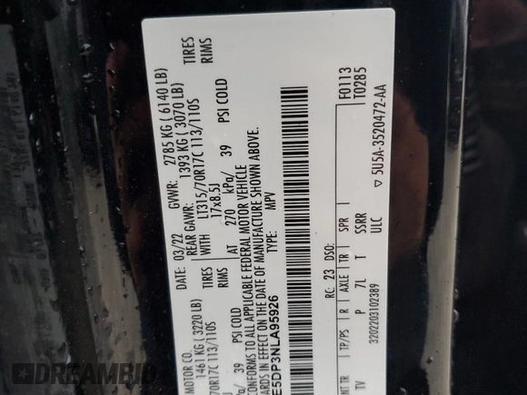 2022 Ford Bronco z VIN 1FMEE5DP3NLA95926, wystawiony jako Copart lot #51859265 z przebiegiem 32 215 mil mil oraz Szkoda całkowita • Salvage title. Historia ofert i sprzedaży dostępna na DreamBid. Obrazek 15.