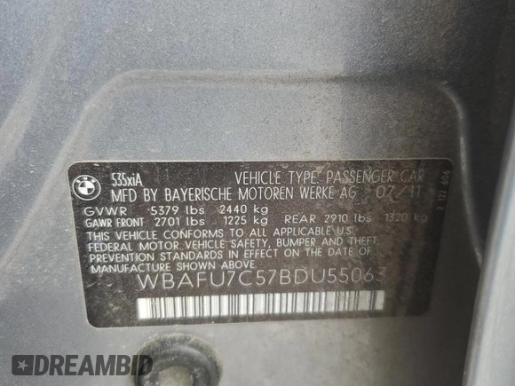2011 BMW 5 Series 535i xDrive with VIN WBAFU7C57BDU55063, listed as a Copart auction lot 51517445 with 271,467 mi miles and Salvage Title. Bid and sale history available at carsss.com. Image 14.