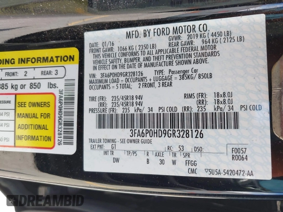 2016 Ford Fusion SE with VIN 3FA6P0HD9GR328126, listed as a IAAI auction lot 42671879 with 93,734 mi miles and . Bid and sale history available at DreamBid. Image 9.