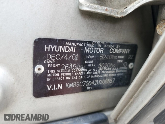 2002 Hyundai Santa Fe GLS with VIN KM8SC73D42U208557, listed as a Copart auction lot 51815115 with 124,730 mi miles and Clean Title. Bid and sale history available at carsss.com. Image 13.