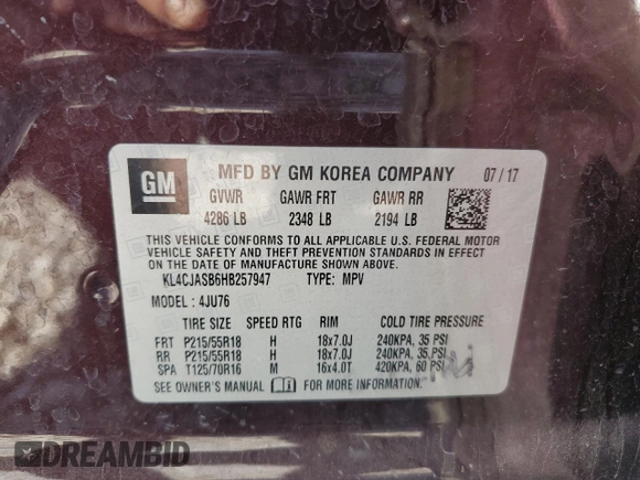 2017 Buick Encore Preferred z VIN KL4CJASB6HB257947, wystawiony jako Copart lot #60174095 z przebiegiem Nie podano mil oraz Szkoda całkowita • Salvage title. Historia ofert i sprzedaży dostępna na DreamBid. Obrazek 13.
