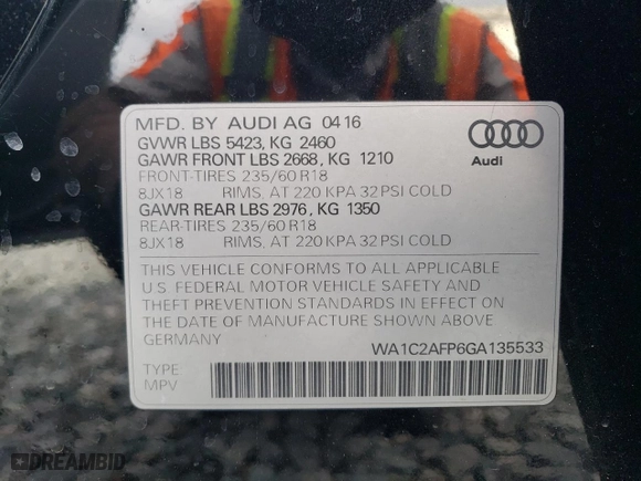 2016 Audi Q5 Premium with VIN WA1C2AFP6GA135533, listed as a Copart auction lot 49112065 with 78,415 mi miles and Salvage Title. Bid and sale history available at carsss.com. Image 13.