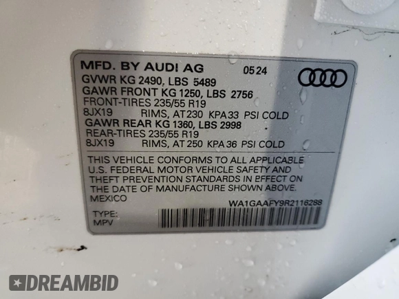 2024 Audi Q5 S line Premium with VIN WA1GAAFY9R2116288, listed as a Copart auction lot 49807975 with 1,126 mi miles and Salvage Title. Bid and sale history available at carsss.com. Image 13.