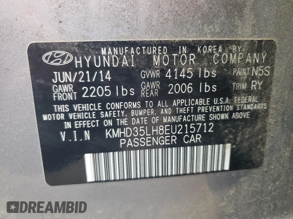 2014 Hyundai Elantra with VIN KMHD35LH8EU215712, listed as a Copart auction lot 59905455 with 178,889 mi miles and Salvage title. Bid and sale history available at DreamBid. Image 12.