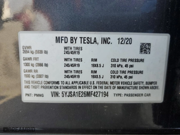 2021 Tesla Model S Long Range Plus with VIN 5YJSA1E26MF427194, listed as a Copart auction lot 89379855 with 58,441 mi miles and Salvage Title. Bid and sale history available at carsss.com. Image 14.