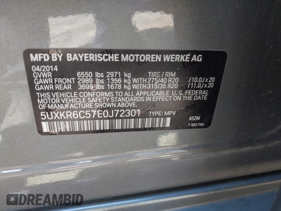 2014 BMW X5 xDrive50i with VIN 5UXKR6C57E0J72301, listed as a IAAI auction lot 39379887 with 117,012 mi miles. Bid and sale history available at carsss.com. Image 9.