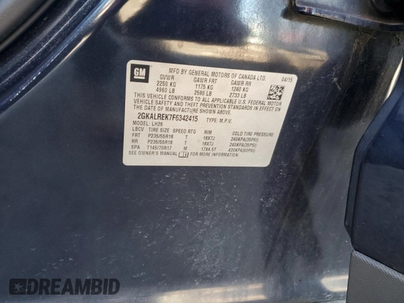 2015 GMC Terrain SLE with VIN 2GKALREK7F6342415, listed as a Copart auction lot 49443745 with 113,585 mi miles and Salvage Title. Bid and sale history available at DreamBid. Image 14.