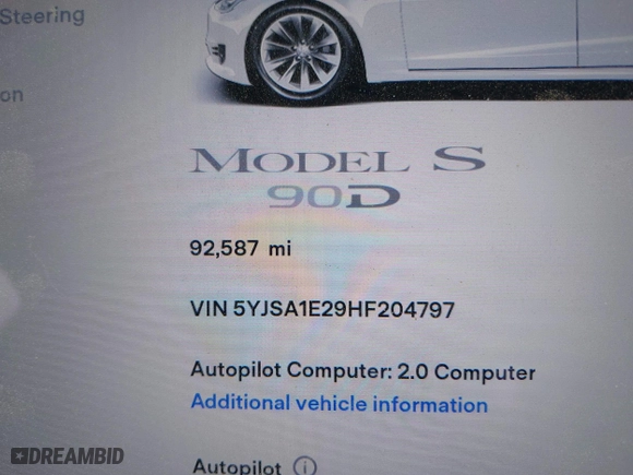 2017 Tesla Model S 100D with VIN 5YJSA1E29HF204797, listed as a IAAI auction lot 41760296 with 92,587 mi miles. Bid and sale history available at carsss.com. Image 7.