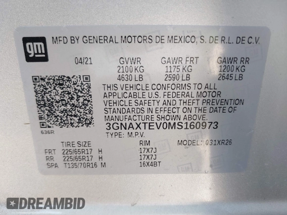 2021 Chevrolet Equinox LT with VIN 3GNAXTEV0MS160973, listed as a IAAI auction lot 42744936 with 142,456 mi miles and . Bid and sale history available at DreamBid. Image 9.