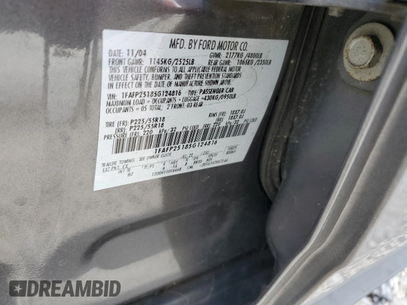 2005 Ford Five Hundred Limited with VIN 1FAFP25185G124816, listed as a Copart auction lot 84528924 with 271,914 mi miles and Salvage Title. Bid and sale history available at carsss.com. Image 14.