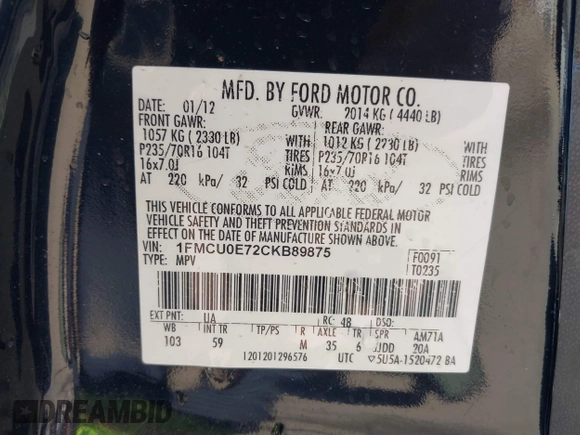 2012 Ford Escape Limited with VIN 1FMCU0E72CKB89875, listed as a IAAI auction lot 41768719 with 159,206 mi miles. Bid and sale history available at carsss.com. Image 9.