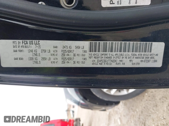 2015 Dodge Journey SXT with VIN 3C4PDCBG1FT742241, listed as a IAAI auction lot 41751280 with 163,564 mi miles. Bid and sale history available at carsss.com. Image 9.