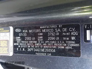 2021 Kia Forte GT-Line with VIN 3KPF34AD1ME268904, listed as a IAAI auction lot 42049679 with 40,146 mi miles. Bid and sale history available at carsss.com. Image 9.