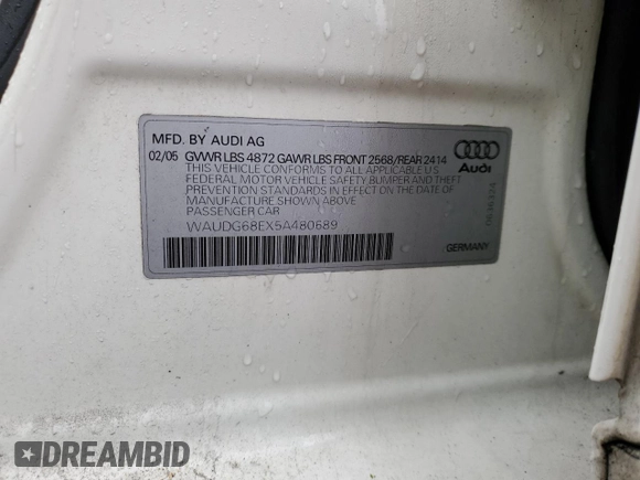2005 Audi A4 3.2L with VIN WAUDG68EX5A480689, listed as a Copart auction lot 84401384 with 129,019 mi miles and Salvage Title. Bid and sale history available at carsss.com. Image 12.