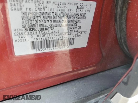 2019 Nissan Kicks SR with VIN 3N1CP5CU3KL483772, listed as a Copart auction lot 52044244 with 70,140 mi miles and Clean Title. Bid and sale history available at DreamBid. Image 13.