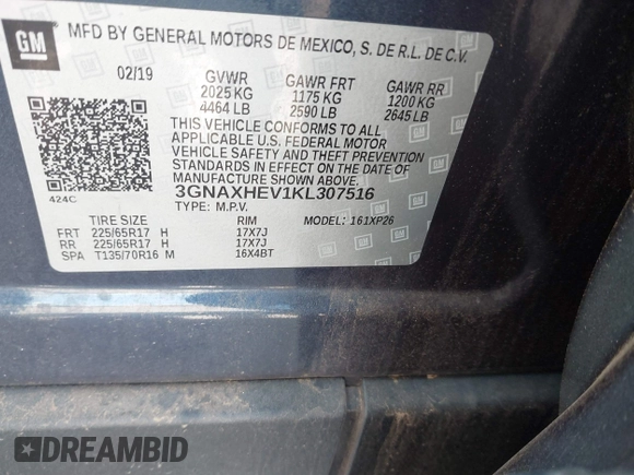 2019 Chevrolet Equinox LS with VIN 3GNAXHEV1KL307516, listed as a IAAI auction lot 42116355 with 98,814 mi miles and . Bid and sale history available at carsss.com. Image 9.
