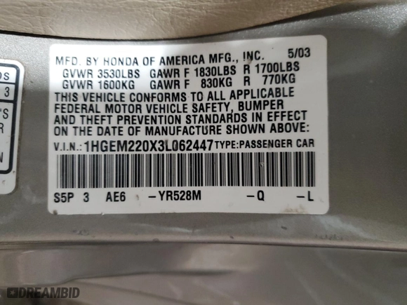 2003 Honda Civic EX with VIN 1HGEM220X3L062447, listed as a Copart auction lot 46361485 with 165,338 mi miles and Non Repairable. Bid and sale history available at carsss.com. Image 12.