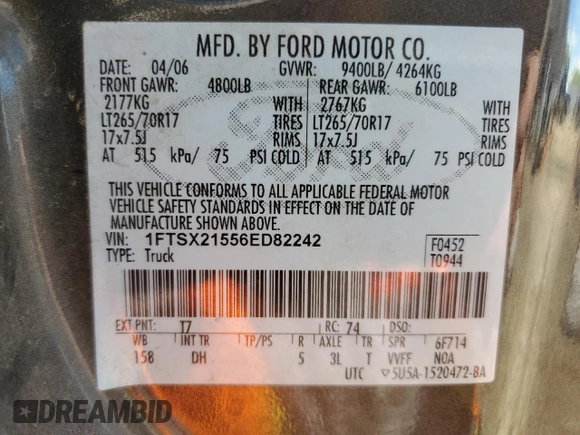 2006 Ford F-250 XL with VIN 1FTSX21556ED82242, listed as a Copart auction lot 58216245 with 246,360 mi miles and Clean title. Bid and sale history available at DreamBid. Image 12.