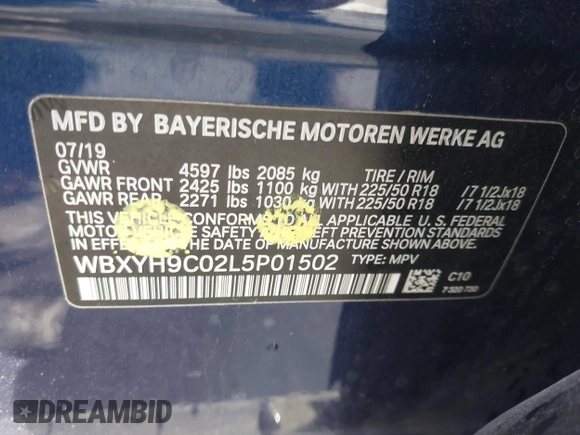 2020 BMW X2 sDrive28i with VIN WBXYH9C02L5P01502, listed as a IAAI auction lot 41397416 with 82,660 mi miles. Bid and sale history available at carsss.com. Image 9.