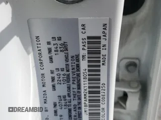 2019 Mazda 3 Preferred z VIN JM1BPAMM2K1118054, wystawiony jako Copart lot #56214655 z przebiegiem Nie podano mil oraz Szkoda całkowita • Salvage title. Historia ofert i sprzedaży dostępna na DreamBid. Obrazek 12.
