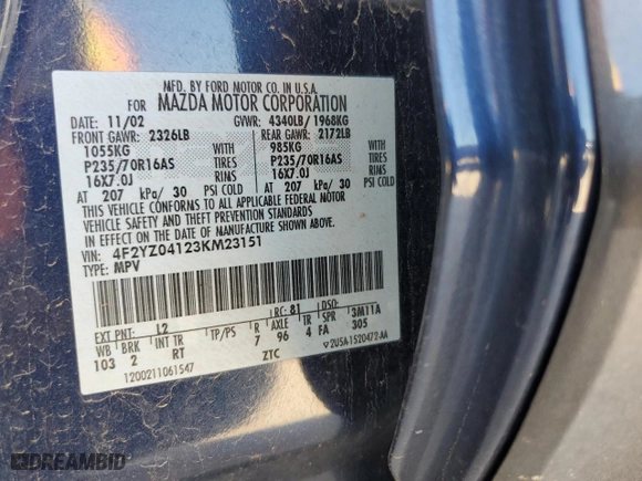 2003 Mazda Tribute LX with VIN 4F2YZ04123KM23151, listed as a Copart auction lot 74117164 with 112,790 mi miles and Salvage Title. Bid and sale history available at carsss.com. Image 14.