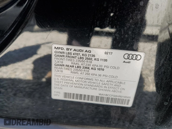 2017 Audi Q3 Premium with VIN WA1BCCFS0HR016565, listed as a Copart auction lot 51811605 with 70,723 mi miles and Salvage Title. Bid and sale history available at carsss.com. Image 14.