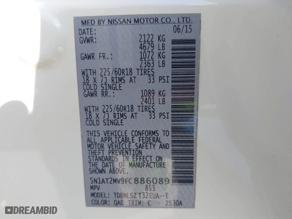 2015 Nissan Rogue SL with VIN 5N1AT2MV9FC886089, listed as a IAAI auction lot 41974712 with 33,946 mi miles. Bid and sale history available at carsss.com. Image 9.