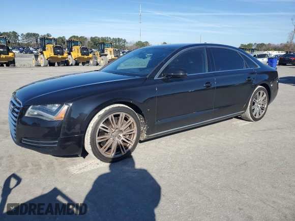 2012 Audi A8 L with VIN WAURVAFD8CN023149, listed as a Copart auction lot 44809175 with 153,437 mi miles and Salvage Title. Bid and sale history available at carsss.com. Image 1.