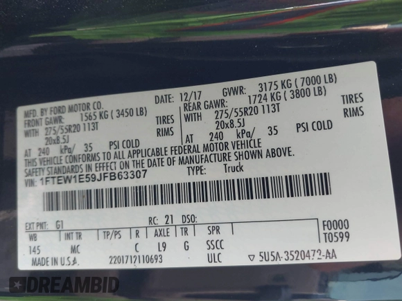 2018 Ford F-150 XL with VIN 1FTEW1E59JFB63307, listed as a IAAI auction lot 41652067 with 174,097 mi miles. Bid and sale history available at carsss.com. Image 9.