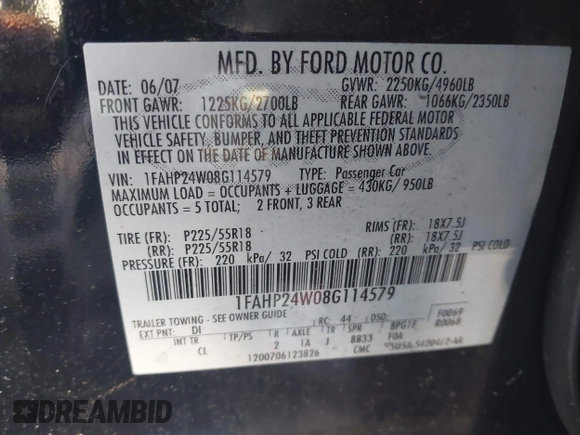 2008 Ford Taurus SEL with VIN 1FAHP24W08G114579, listed as a IAAI auction lot 42552132 with 248,496 mi miles and . Bid and sale history available at DreamBid. Image 9.