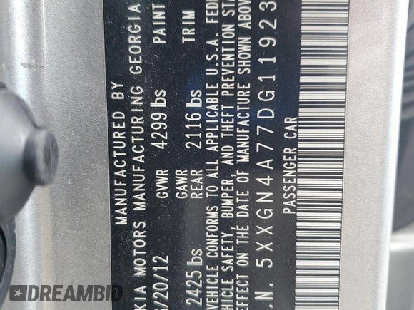 2013 Kia Optima EX with VIN 5XXGN4A77DG119235, listed as a Copart auction lot 59583675 with Not provided miles and Salvage title. Bid and sale history available at DreamBid. Image 12.